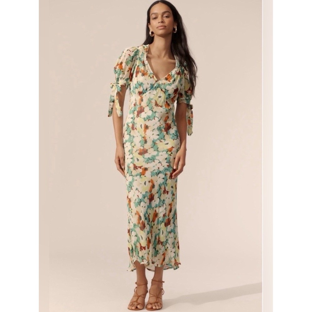 Anthropologie Short-Sleeve Floral V-Neck Slip Midi Dress Size 1X Colorful Sexy - Picture 2 of 10